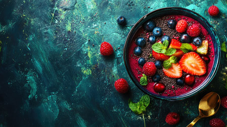 A vibrant smoothie bowl with fresh fruits and seeds, space for branding or textの素材