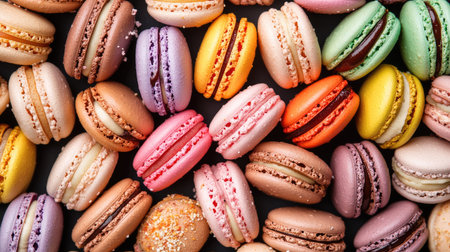 A colorful array of macarons with various flavors, space for branding or textの素材
