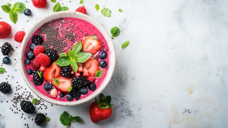 A vibrant smoothie bowl with fresh fruits and seeds, space for branding or textの素材
