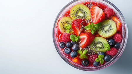 A vibrant smoothie bowl with fresh fruits and seeds, space for branding or textの素材