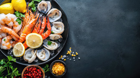 A flat lay of a fresh seafood platter with lemon wedges, space for textの素材