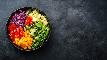 A colorful salad bowl with fresh vegetables and copy space on the side for brandingの素材