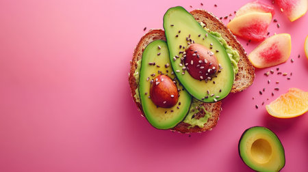 A flat lay of an avocado toast with toppings, plenty of space for copyの素材