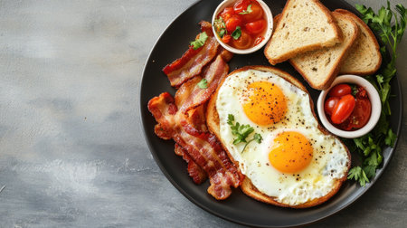 A flat lay of a hearty breakfast with eggs, bacon, and toast, with room for copyの素材