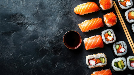 A flat lay of assorted sushi with soy sauce and chopsticks, with room for textの素材