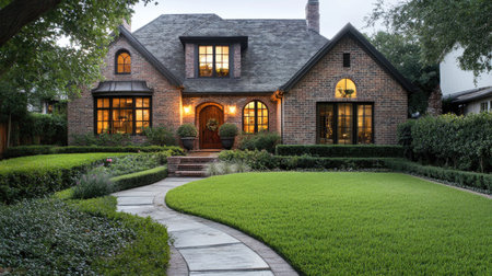 A traditional home with a brick exterior and well-kept lawn, space for copyの素材