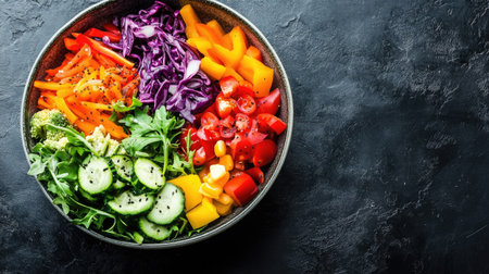 A colorful salad bowl with fresh vegetables and copy space on the side for brandingの素材