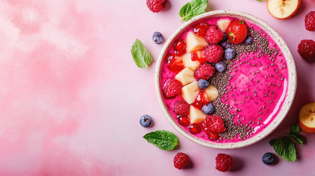 A vibrant smoothie bowl with fresh fruits and seeds, space for branding or textの素材