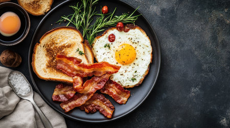 A flat lay of a hearty breakfast with eggs, bacon, and toast, with room for copyの素材