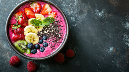A vibrant smoothie bowl with fresh fruits and seeds, space for branding or textの素材