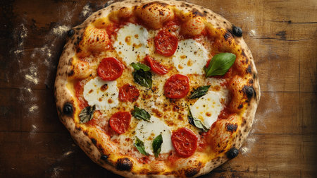 A flat lay of a gourmet pizza with a crispy crust, with room for copyの素材