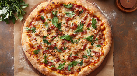 A flat lay of a gourmet pizza with a crispy crust, with room for copyの素材