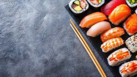 A flat lay of assorted sushi with chopsticks, with room for text or brandingの素材