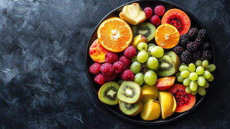 A vibrant fruit platter with a variety of fresh fruits, space for branding or textの素材
