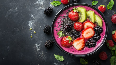 A vibrant smoothie bowl with fresh fruits and seeds, space for branding or textの素材