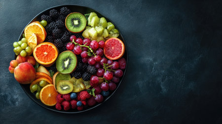 A vibrant fruit platter with a variety of fresh fruits, space for branding or textの素材