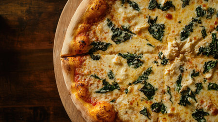 A flat lay of a gourmet pizza with a crispy crust, with room for copyの素材