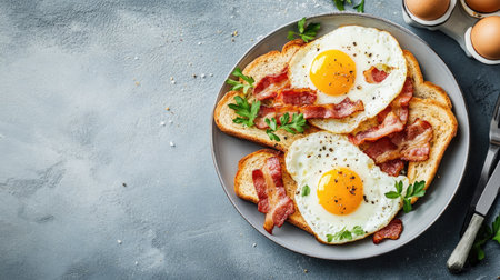 A flat lay of a hearty breakfast with eggs, bacon, and toast, with room for copyの素材