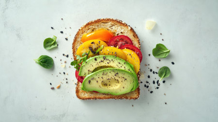 A flat lay of an avocado toast with toppings, plenty of space for copyの素材