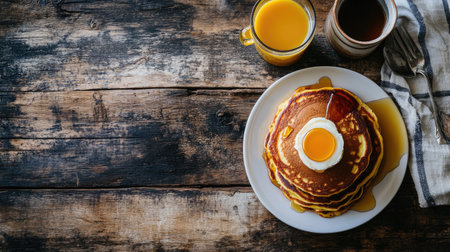 A flat lay of a hearty breakfast with pancakes and syrup, with room for copyの素材