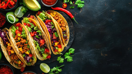 A colorful taco spread with fresh ingredients and toppings, space for branding or textの素材