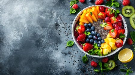 A vibrant smoothie bowl with fresh fruits and seeds, space for branding or textの素材