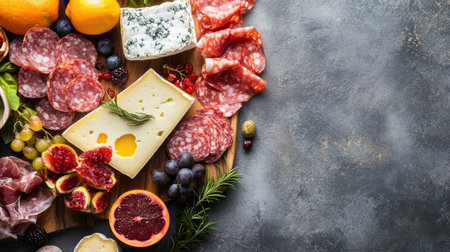 A flat lay of a cheese board with assorted meats and fruits, with room for copyの素材