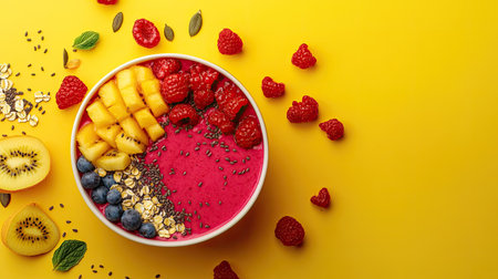 A vibrant smoothie bowl with fresh fruits and seeds, space for branding or textの素材
