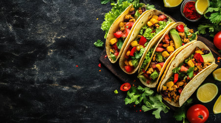 A vibrant taco platter with fresh toppings and ingredients, space for branding or textの素材