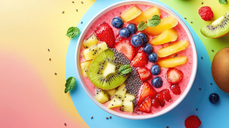 A vibrant smoothie bowl with fresh fruits and seeds, with room for brandingの素材