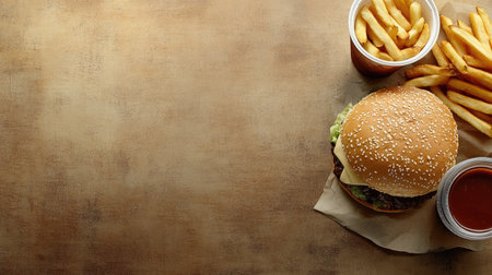 Top view of a delicious burger with fries and a drink, ample space for textの素材