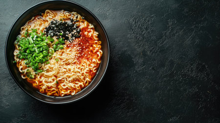 Top view of a delicious bowl of ramen with toppings, ample space for textの素材