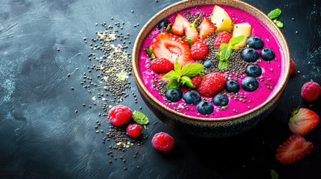 A vibrant smoothie bowl with fresh fruits and seeds, with room for brandingの素材
