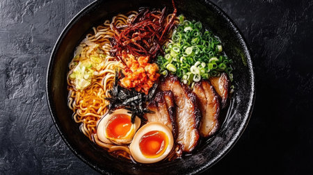 Top view of a delicious bowl of ramen with toppings, ample space for textの素材