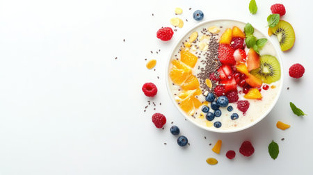 A vibrant smoothie bowl with fresh fruits and seeds, space for branding or textの素材