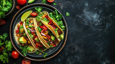 A vibrant taco platter with fresh toppings and ingredients, space for branding or textの素材