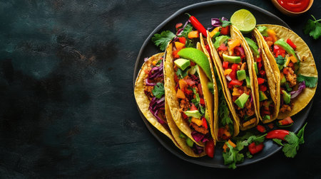 A vibrant taco platter with fresh toppings and ingredients, space for branding or textの素材