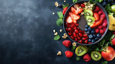 A vibrant smoothie bowl with fresh fruits and seeds, space for branding or textの素材