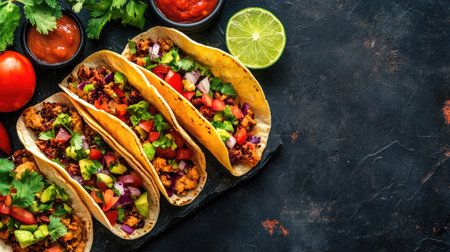 A vibrant taco platter with fresh toppings and ingredients, space for branding or textの素材