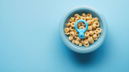 A bowl of baby cereal with a pacifier, ample room for copyの素材