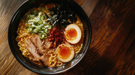 Top view of a delicious bowl of ramen with toppings, ample space for textの素材