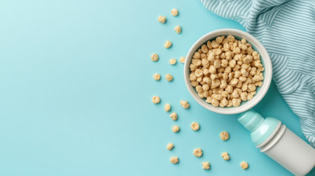 A bowl of baby cereal with a bottle, space for copy besideの素材