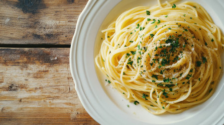 Top view of a delicious pasta dish with herbs, ample room for copyの素材