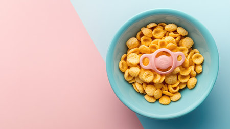 A bowl of baby cereal with a pacifier, ample room for copyの素材