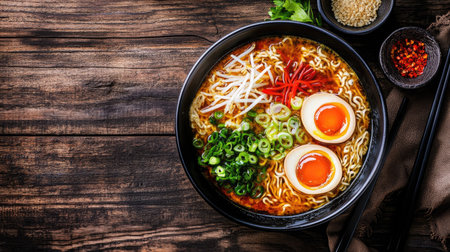 Top view of a delicious bowl of ramen with toppings, ample space for textの素材