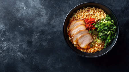Top view of a delicious bowl of ramen with toppings, ample space for textの素材