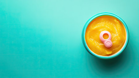 A bowl of baby food with a pacifier, ample space for textの素材