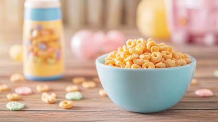 A bowl of baby cereal with a bottle, space for copy besideの素材