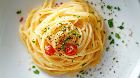 Top view of a delicious pasta dish with herbs, ample room for copyの素材