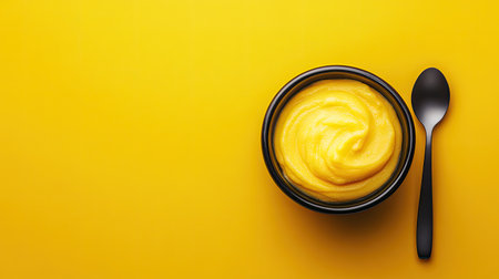 A bowl of baby puree with a spoon, space for copy besideの素材